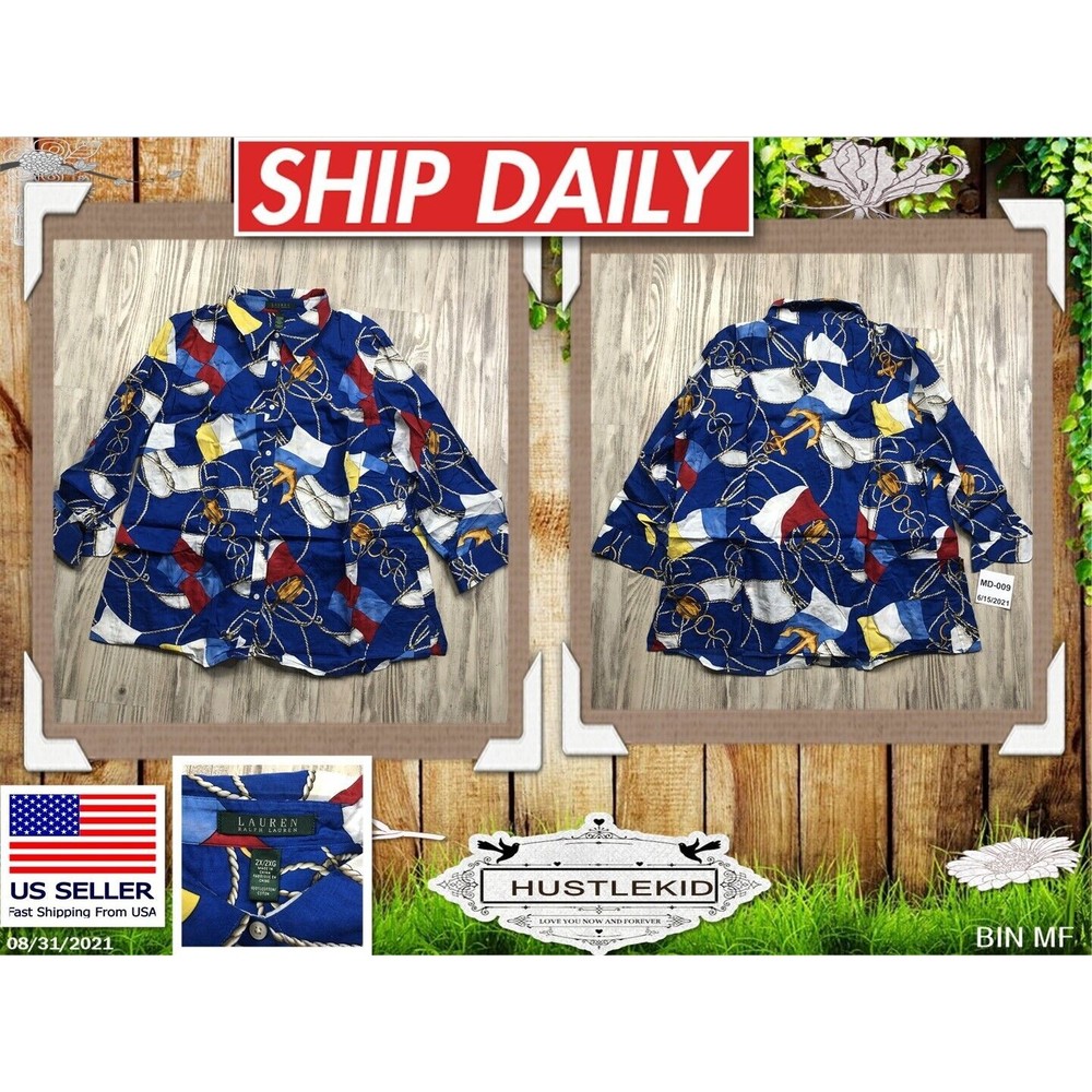 LAUREN RALPH LAUREN Women Top Blouse Nautical Theme Flags Anchor Button 2XL XXL